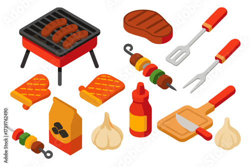 Grill Tools & Foods. Isometric vector illustration set featuring square grill, rib steak, sausages on skewer, grill fork, slotted