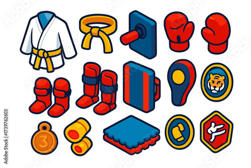 Martial Arts Essentials. Isometric vector illustration set featuring karate jacket, yellow belt, wall-mounted pad, boxing gloves,