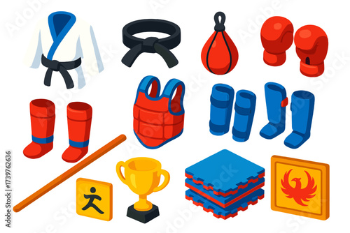 Martial Arts Gear. Isometric vector illustration set featuring martial arts outfit, black belt, speed bag, boxing gloves, shin