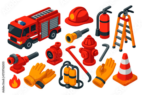 Firefighting Equipment Icons. Isometric vector illustration set featuring fire truck, firefighter helmet, water pump, hose nozzle,