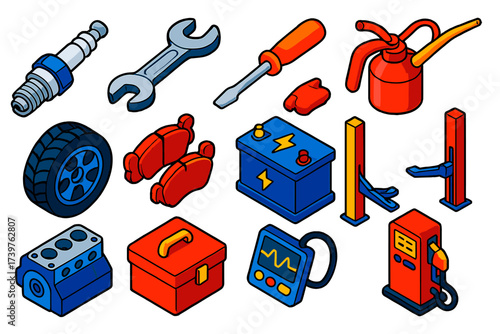 Automotive Tools Icons. Isometric vector illustration set featuring spark plug, wrench, screwdriver, oil can, tire, brake pads,