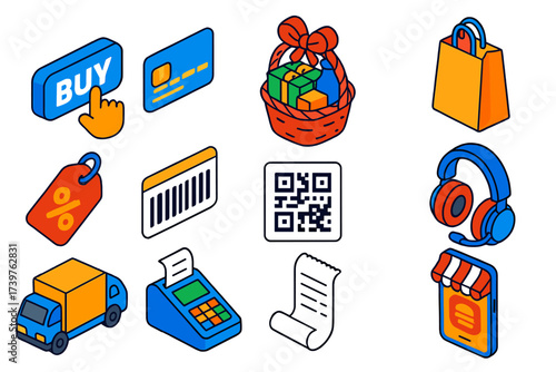 Colorful E-commerce Icons. Isometric vector illustration set featuring buy button, virtual credit card, gift hamper, paper bag