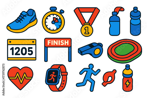 Marathon Essentials Icons. Isometric vector illustration set featuring cushioned running shoe, handheld timer, marathon finish
