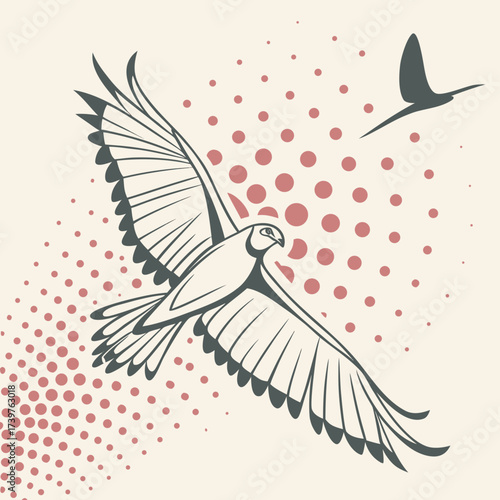 A majestic falcon soars gracefully with wings outstretched against a soft cream background adorned with scattered pink dots and a subtle halftone pattern symbolizing freedom and flight