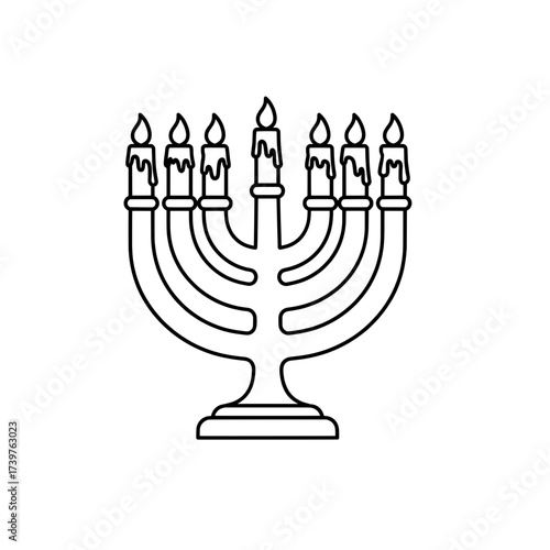 Minimalist linear illustration of a Jewish menorah with seven lit candles. Ideal for Hanukkah, religious celebrations, Jewish holidays, cultural traditions, and spiritual designs