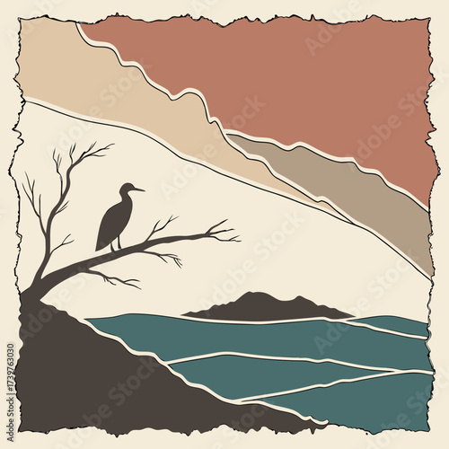 Minimalist silhouette of a solitary bird perched on a bare tree branch overlooking a serene body of water with distant mountains and abstract layered hills in a muted color palette