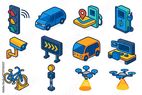 Smart City Tech Icons. Isometric vector illustration set featuring LED adaptive stoplight, connected minivan, navigation map icon,