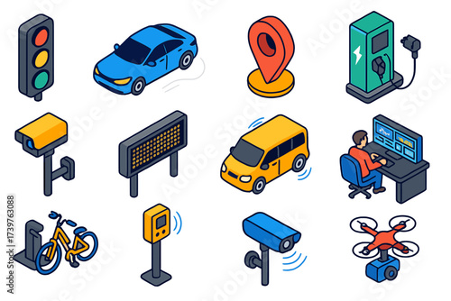 Smart City Icons. Isometric vector illustration set featuring LED traffic signal, connected sedan, navigation location marker,