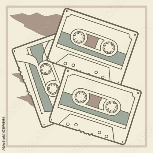 A vintage illustration of three cassette tapes artfully arranged in a retro style with a muted color palette evoking nostalgia for the 1980s and 1990s