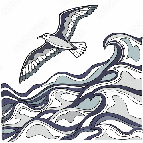A stylized illustration of a solitary seagull soaring gracefully above a dynamic abstract representation of ocean waves in shades of blue grey and white