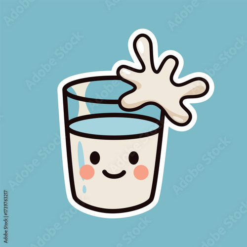 Glass of Fresh Milk with Happy Face and Splash Cute Cartoon Illustration