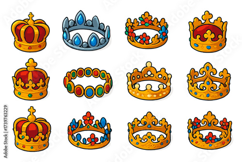 Regal Crowns Collection. Isometric vector illustration set featuring royal gold crown, silver gem crown, ornate floral diadem,