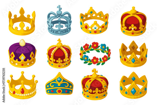 Regal Crown Collection. Isometric vector illustration set featuring vintage gold crown, ornate silver crown, gem-studded tiara,