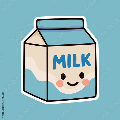 Smiling Milk Carton Cute Cartoon Illustration with Happy Face on Blue Background for Dairy Design