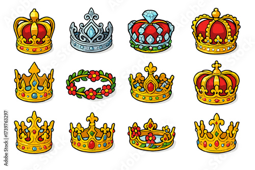 Ornate Crowns Collection. Isometric vector illustration set featuring ornate gold crown, silver ceremonial diadem, diamond