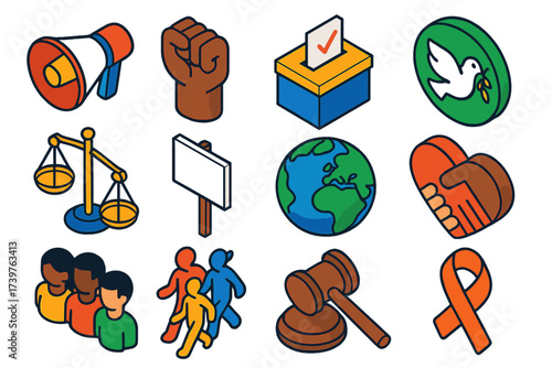 Activism Icons Collection. Isometric vector illustration set featuring rally speech megaphone, solidarity raised fist, voting