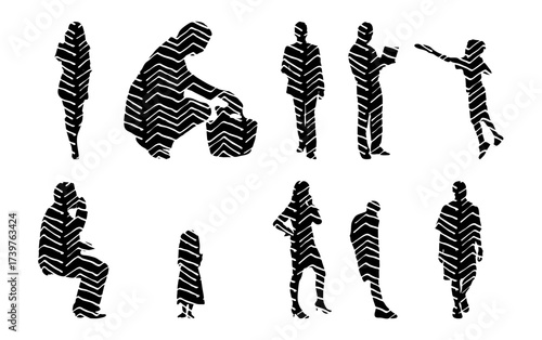 Vector illustration, Outline silhouettes of people, Contour drawing, people silhouette, Icon Set Isolated , Silhouette of sitting people, Architectural set