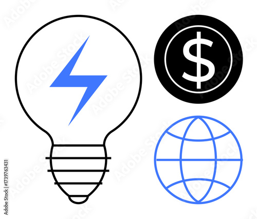 Light bulb with a lightning bolt, dollar sign, and globe communicates innovation, energy, global finance, and economic growth. Ideal for technology, business, sustainability creativity economy