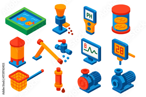 Isometric Hatchery Equipment. Isometric vector illustration set featuring rectangular hatchery pond, rotary feeder, water pH