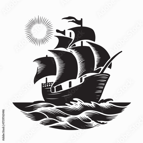 Classic Wooden Sailboat Silhouette Vector Isolated On white Background