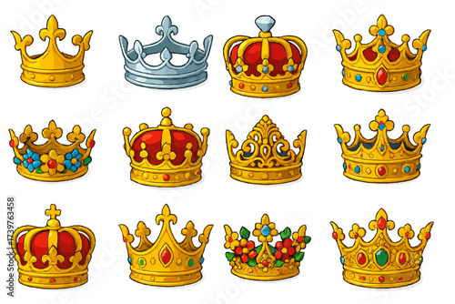 Ornate Crowns Collection. Isometric vector illustration set featuring ornate gold crown, silver ceremonial diadem, diamond