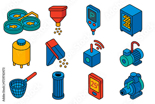 Hatchery Equipment Icons. Isometric vector illustration set featuring segmented hatchery tanks, feed dropper system, pH monitoring