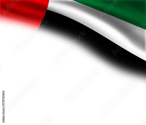 White background with the flag of the United Arab Emirates in the upper right corner