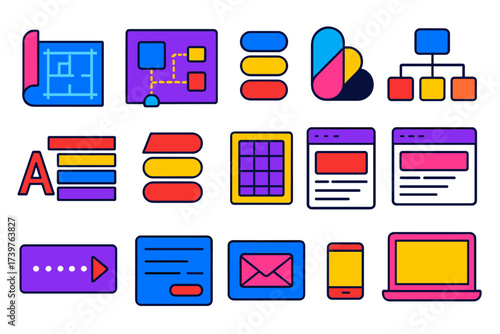 Isometric UI Design Elements. Isometric vector illustration set featuring blueprint wireframe, user journey mapping, interface kit