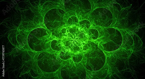 Abstract green fractal design with circular patterns and textures  