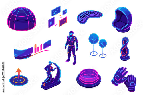 Neon Futuristic Virtual Reality. Isometric vector illustration set Curved neon virtual reality: curved neon dome room, neon
