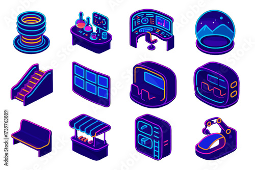 Curved Neon Reality. Isometric vector illustration set Curved neon virtual reality: curved neon data hub, neon curved research lab