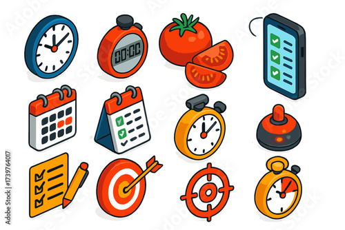Isometric Time Icons. Isometric vector illustration set Clocks, calendar, checklist, tomato, target, and stopwatch: clock with