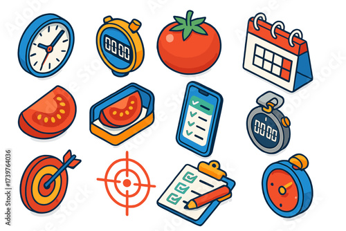Isometric Time Icons. Isometric vector illustration set Clocks, calendar, checklist, tomato, target, and stopwatch: clock with