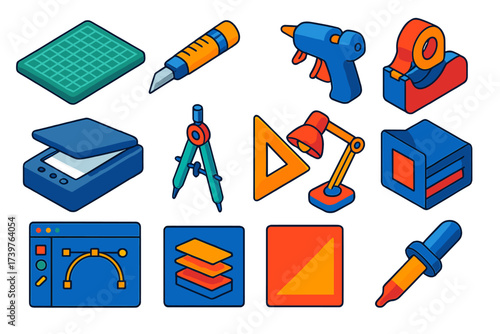 Graphic Design Tools. Isometric vector illustration set Graphic design tools: cutting mat board, craft knife, glue gun, adhesive