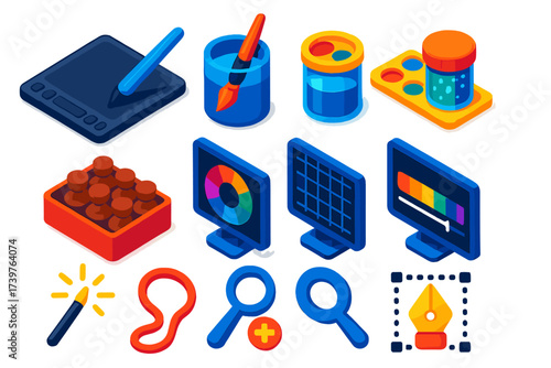 Vibrant Design Tools Icons. Isometric vector illustration set Graphic design tools: compact drawing tablet, stylus holder,