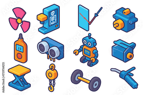 Physics Engineering Icons. Isometric vector illustration set Physics and engineering icons with scientific symbols: gamma ray