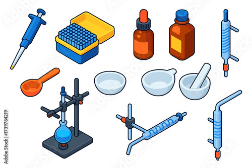 Colorful Chemistry Icons. Isometric vector illustration set Chemistry with lab equipment and tools: micro pipette, pipette tips