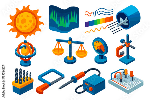 Physics Engineering Icons. Isometric vector illustration set Physics and engineering icons with scientific symbols: solar flare