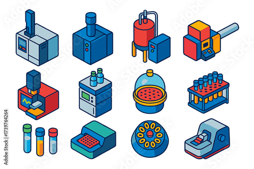Colorful Chemistry Icons. Isometric vector illustration set Chemistry with lab equipment and tools: gas chromatography unit, mass