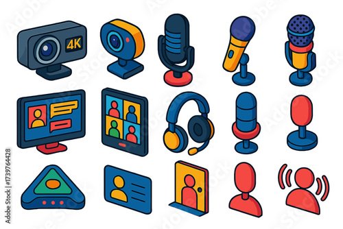 Vibrant Web Conference Icons. Isometric vector illustration set Web conference icons featuring webcam and microphone symbols: 4K