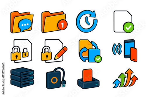 File Management Icons. Isometric vector illustration set File management and data sharing efficiency: folder with chat bubble,
