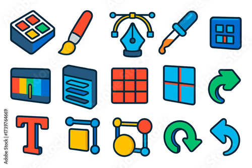 Design Tools Icons. Isometric vector illustration set Design tools and interface elements: color palette swatches, paintbrush,