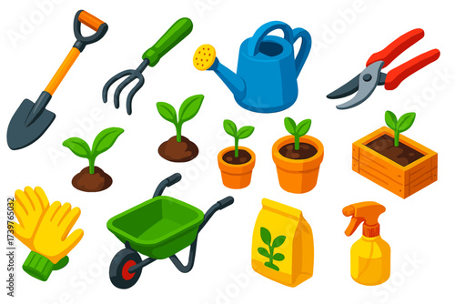 Vibrant Gardening Icons. Isometric vector illustration set Gardening icons: essential tools and sprouting plants: long-handle