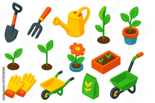 Gardening Essentials Icons. Isometric vector illustration set Gardening icons: essential tools and sprouting plants: pointed