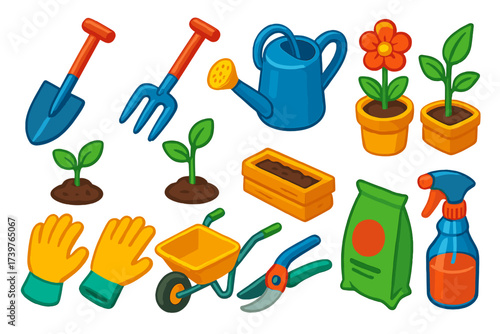 Gardening Essentials Icons. Isometric vector illustration set Gardening icons: essential tools and sprouting plants: pointed