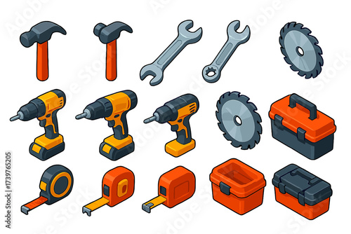 Colorful Tool Icons. Isometric vector illustration set hammer, wrench, drill, saw blade, tape measure, tool box icons: rivet