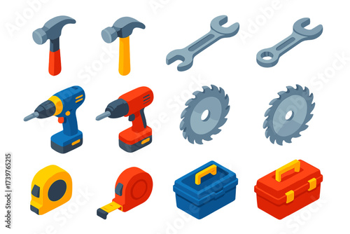 Colorful Tool Icons. Isometric vector illustration set hammer, wrench, drill, saw blade, tape measure, tool box icons: rivet