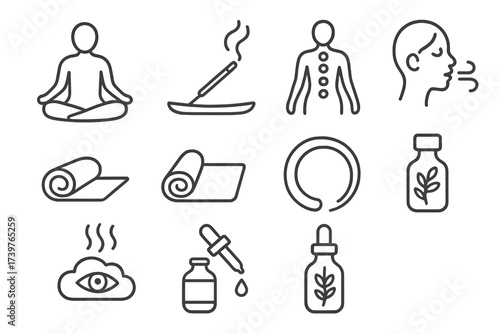 Aromatherapy Icons. Line style icons of aromatherapy for meditation: lotus position, incense cloud, chakra alignment, deep breath
