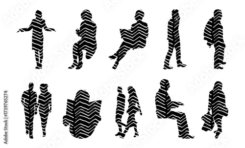 Vector illustration, Outline silhouettes of people, Contour drawing, people silhouette, Icon Set Isolated , Silhouette of sitting people, Architectural set