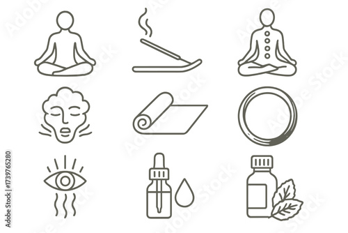 Aromatherapy Icons. Line style icons of aromatherapy for meditation: lotus position, incense cloud, chakra alignment, deep breath
